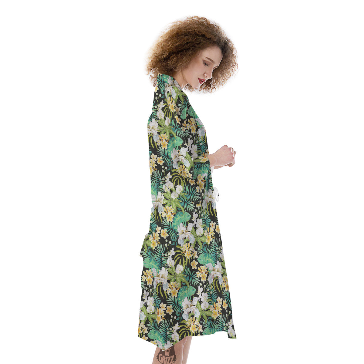 Green Chameleon And Flowers Plumeria Orchid Print Pattern Kimono-grizzshop