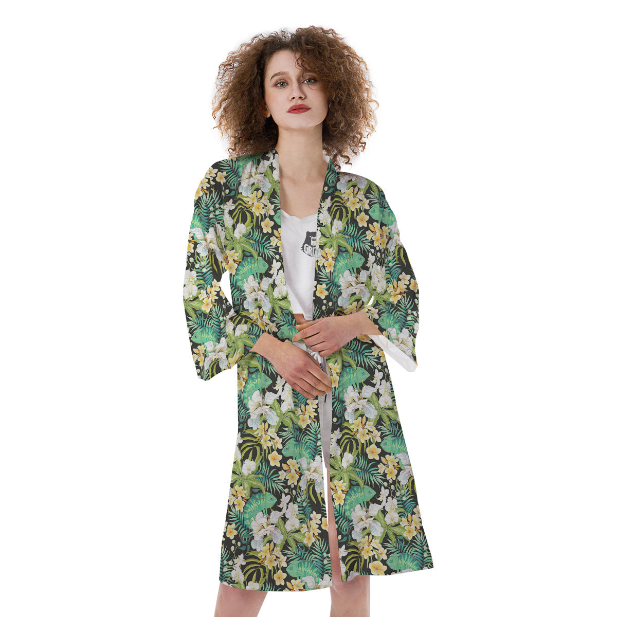 Green Chameleon And Flowers Plumeria Orchid Print Pattern Kimono-grizzshop