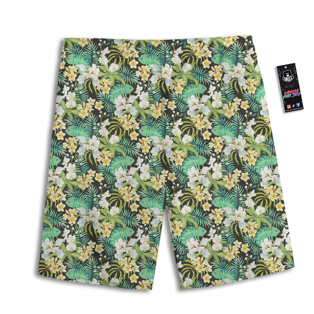 Green Chameleon And Flowers Plumeria Orchid Print Pattern Men's Athletic Shorts