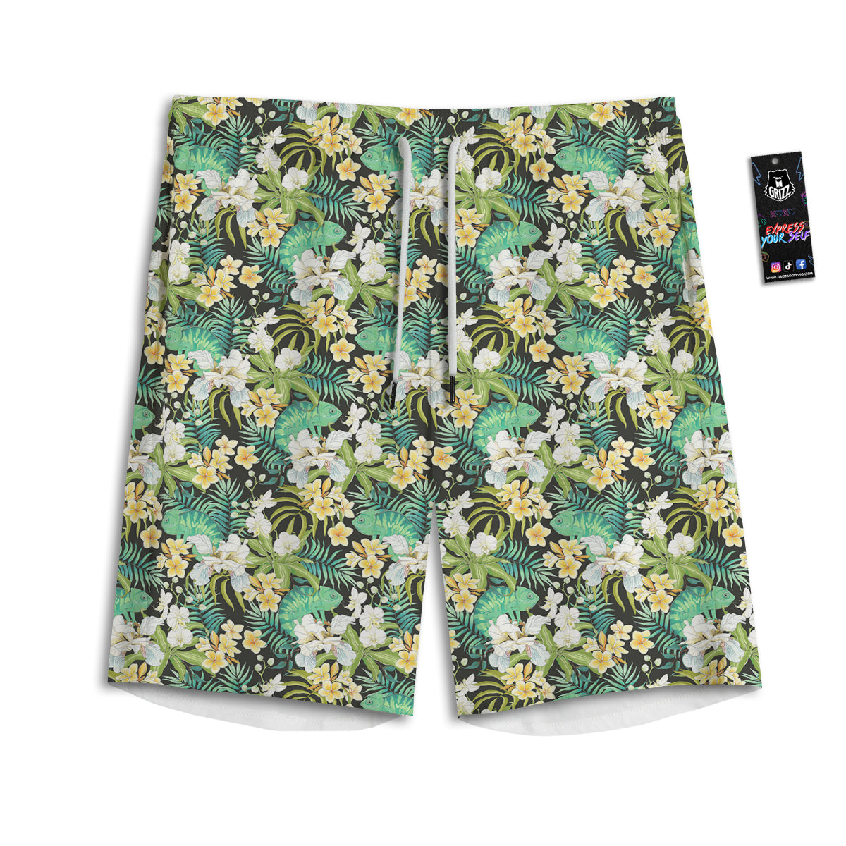 Green Chameleon And Flowers Plumeria Orchid Print Pattern Men's Athletic Shorts