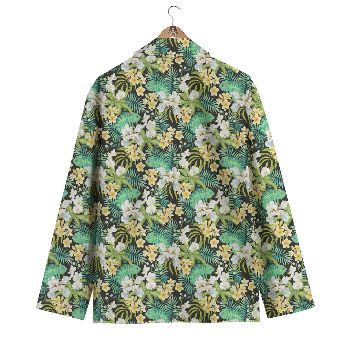 Green Chameleon And Flowers Plumeria Orchid Print Pattern Men's Blazer-grizzshop