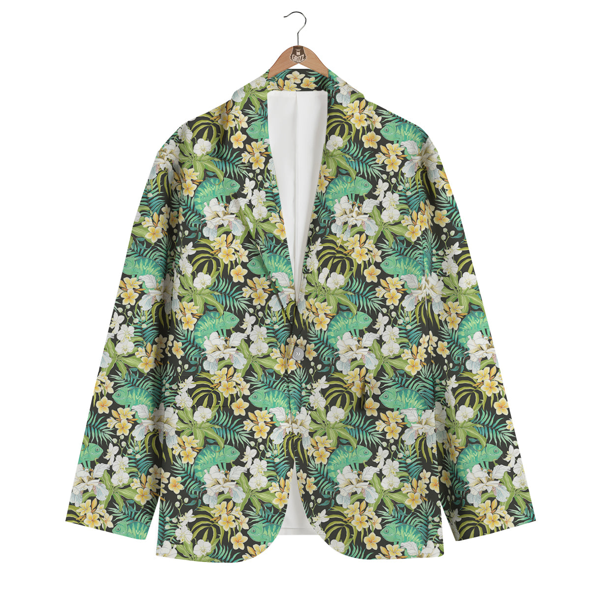 Green Chameleon And Flowers Plumeria Orchid Print Pattern Men's Blazer-grizzshop