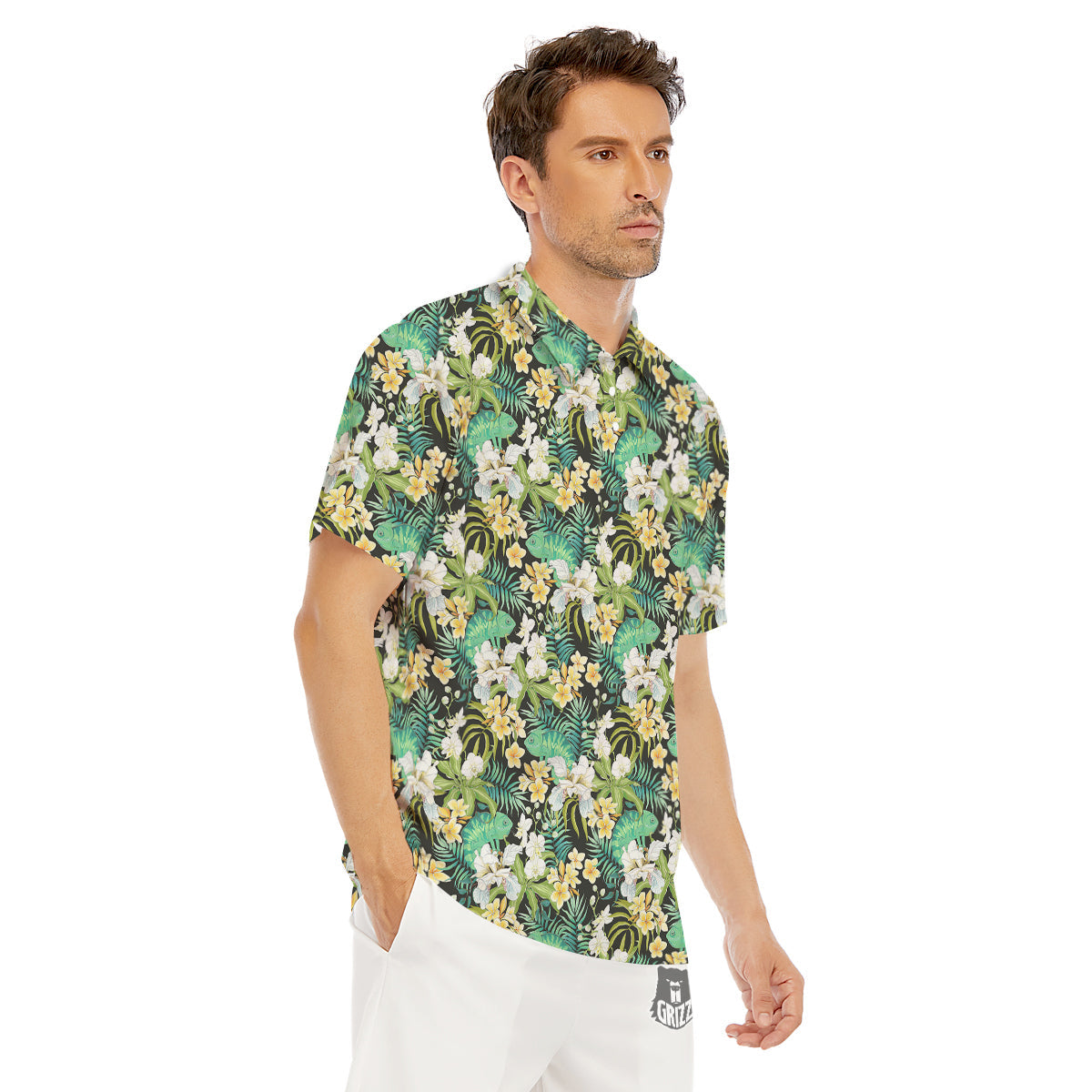 Green Chameleon And Flowers Plumeria Orchid Print Pattern Men's Golf Shirts-grizzshop
