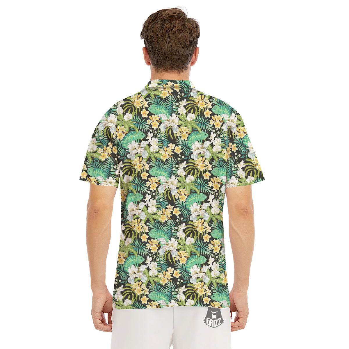 Green Chameleon And Flowers Plumeria Orchid Print Pattern Men's Golf Shirts-grizzshop