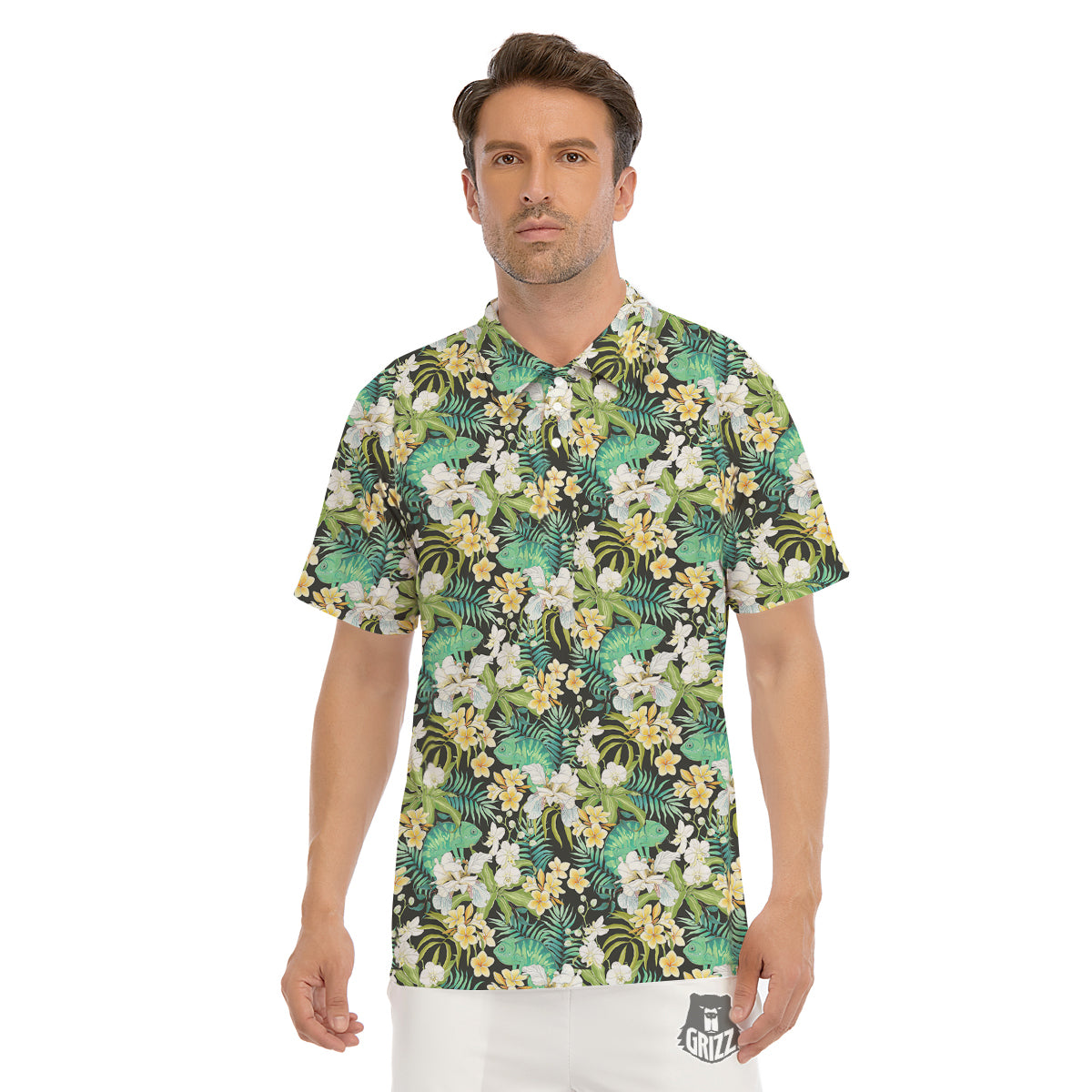 Green Chameleon And Flowers Plumeria Orchid Print Pattern Men's Golf Shirts-grizzshop