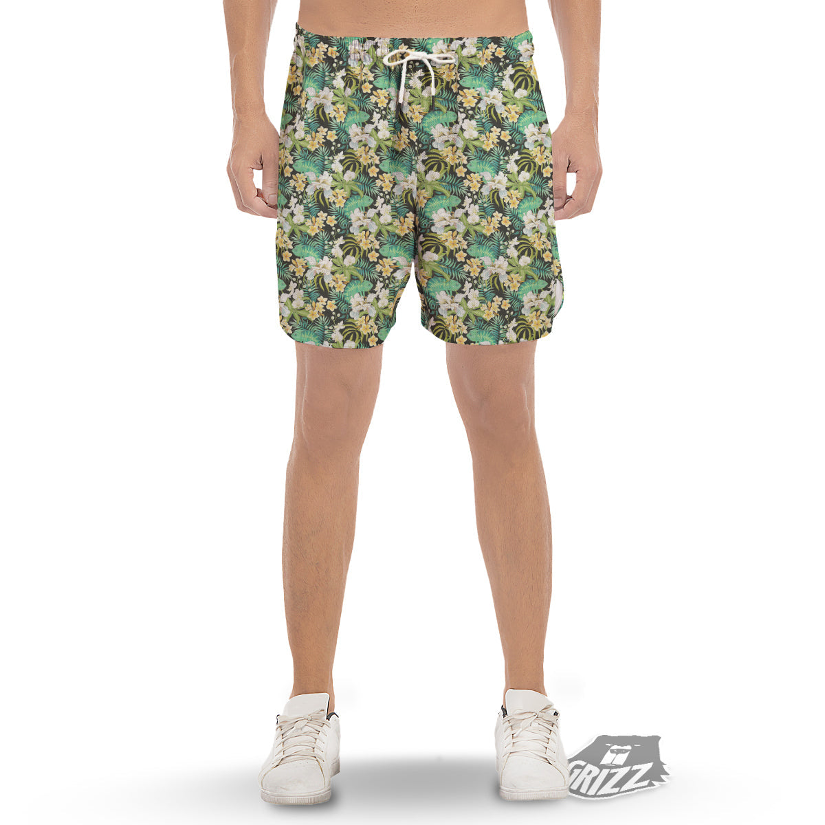 Green Chameleon And Flowers Plumeria Orchid Print Pattern Men's Gym Shorts-grizzshop