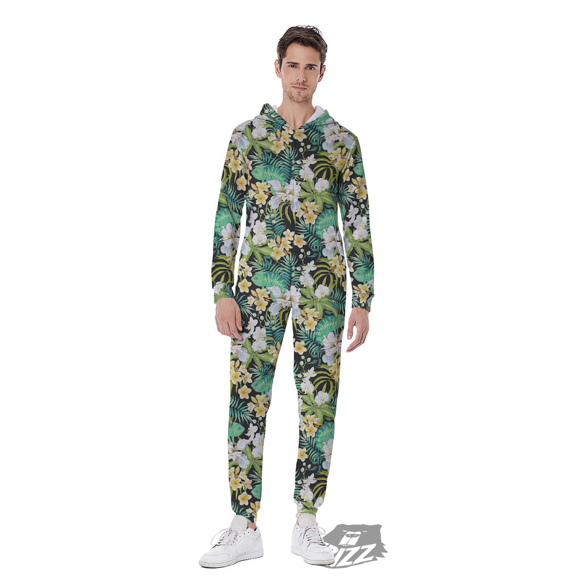 Green Chameleon And Flowers Plumeria Orchid Print Pattern Men's Jumpsuit-grizzshop