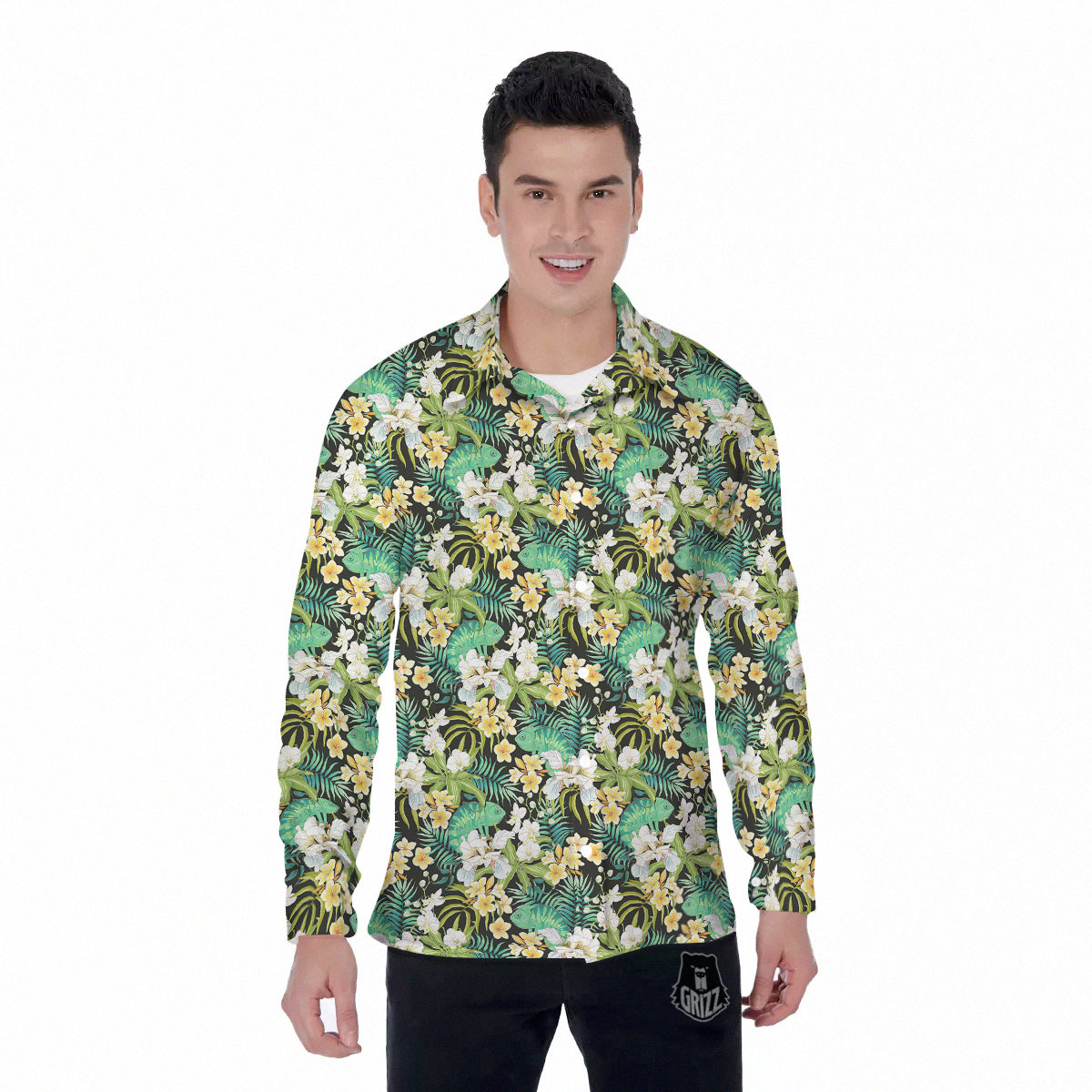 Green Chameleon And Flowers Plumeria Orchid Print Pattern Men's Long Sleeve Shirts-grizzshop