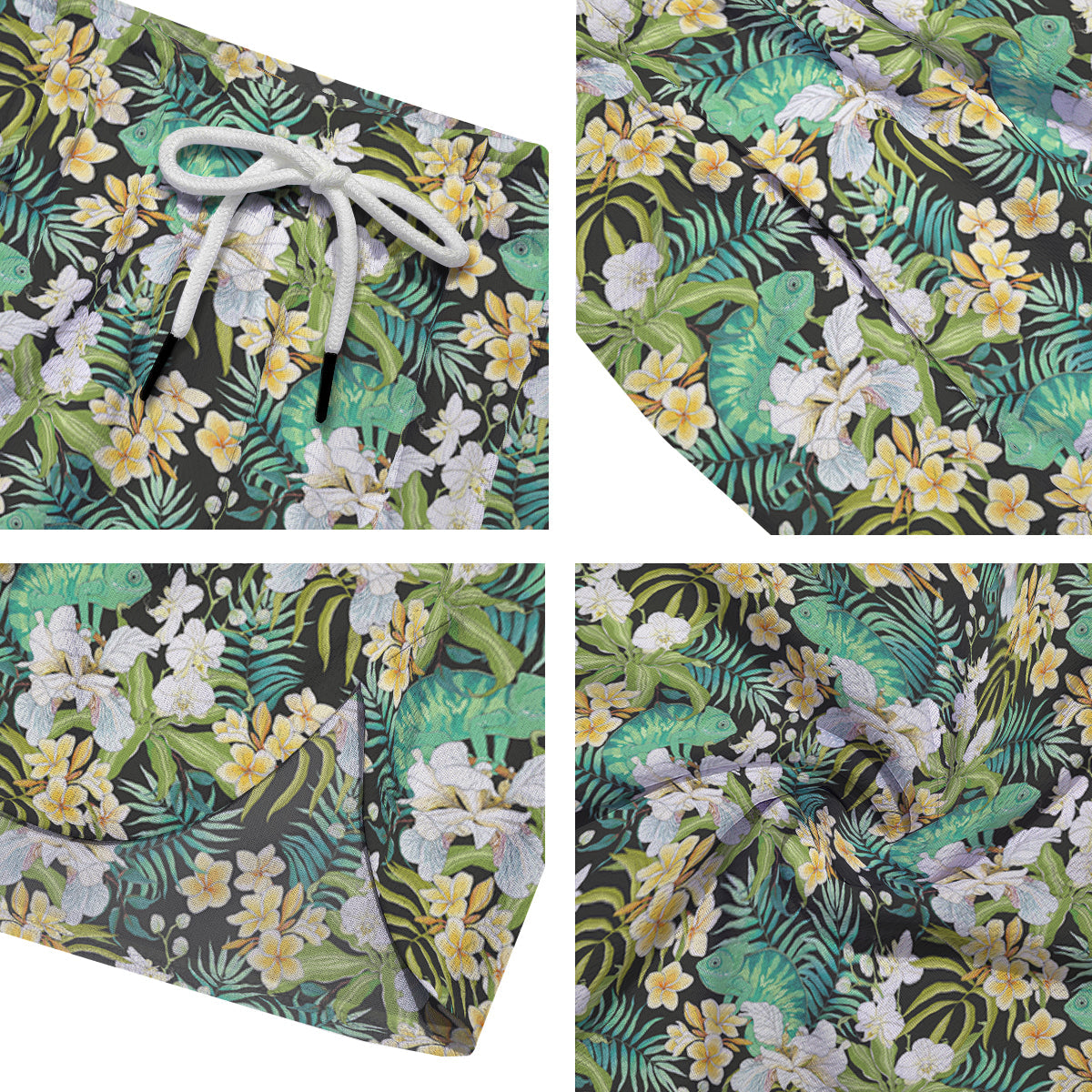 Green Chameleon And Flowers Plumeria Orchid Print Pattern Men's Running Shorts-grizzshop