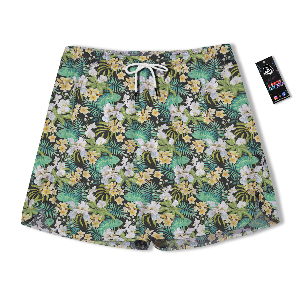 Green Chameleon And Flowers Plumeria Orchid Print Pattern Men's Running Shorts-grizzshop