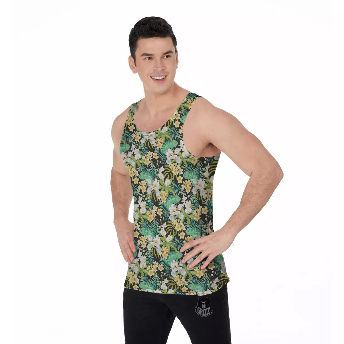 Green Chameleon And Flowers Plumeria Orchid Print Pattern Men's Tank Top-grizzshop