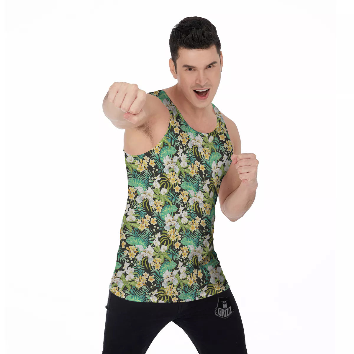 Green Chameleon And Flowers Plumeria Orchid Print Pattern Men's Tank Top-grizzshop