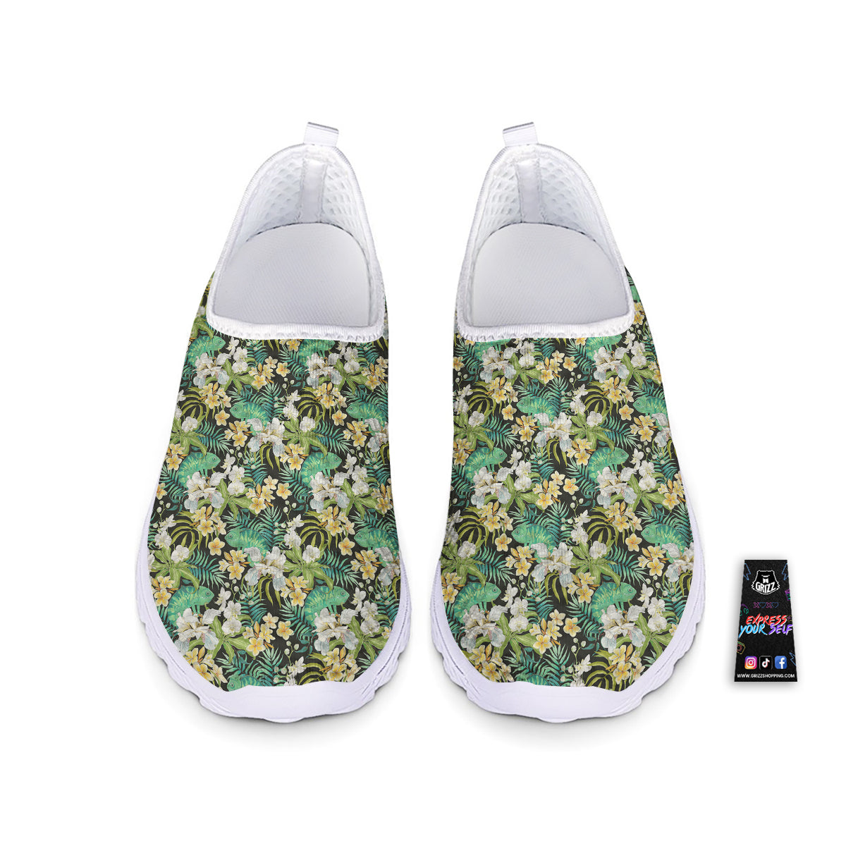 Green Chameleon And Flowers Plumeria Orchid Print Pattern Nurse Shoes-grizzshop