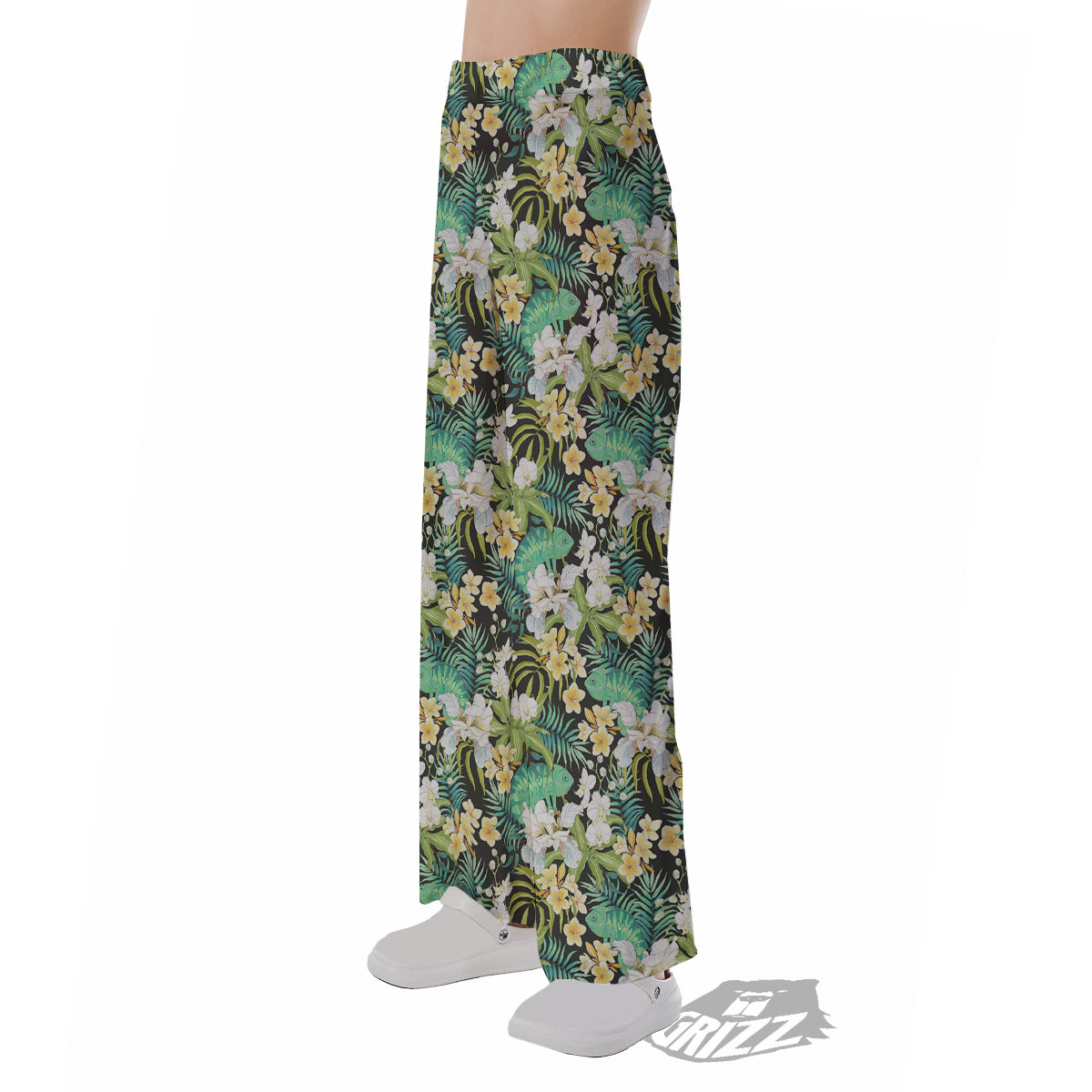 Green Chameleon And Flowers Plumeria Orchid Print Pattern Pajama Pants-grizzshop