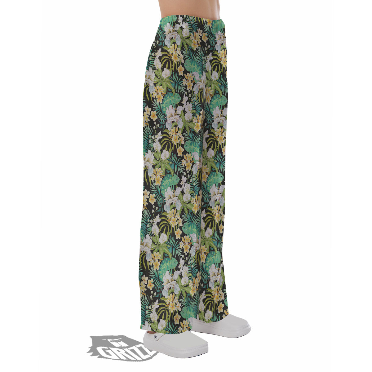 Green Chameleon And Flowers Plumeria Orchid Print Pattern Pajama Pants-grizzshop