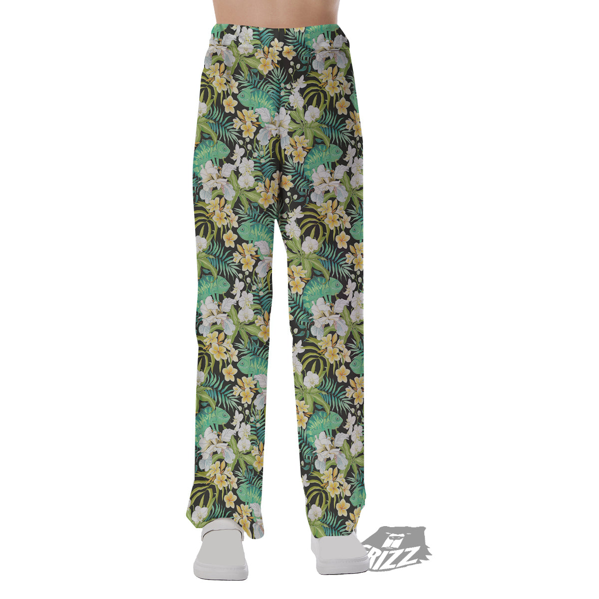 Green Chameleon And Flowers Plumeria Orchid Print Pattern Pajama Pants-grizzshop