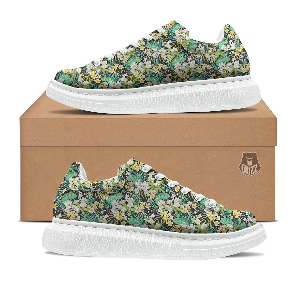 Green Chameleon And Flowers Plumeria Orchid Print Pattern Platform Shoes-grizzshop