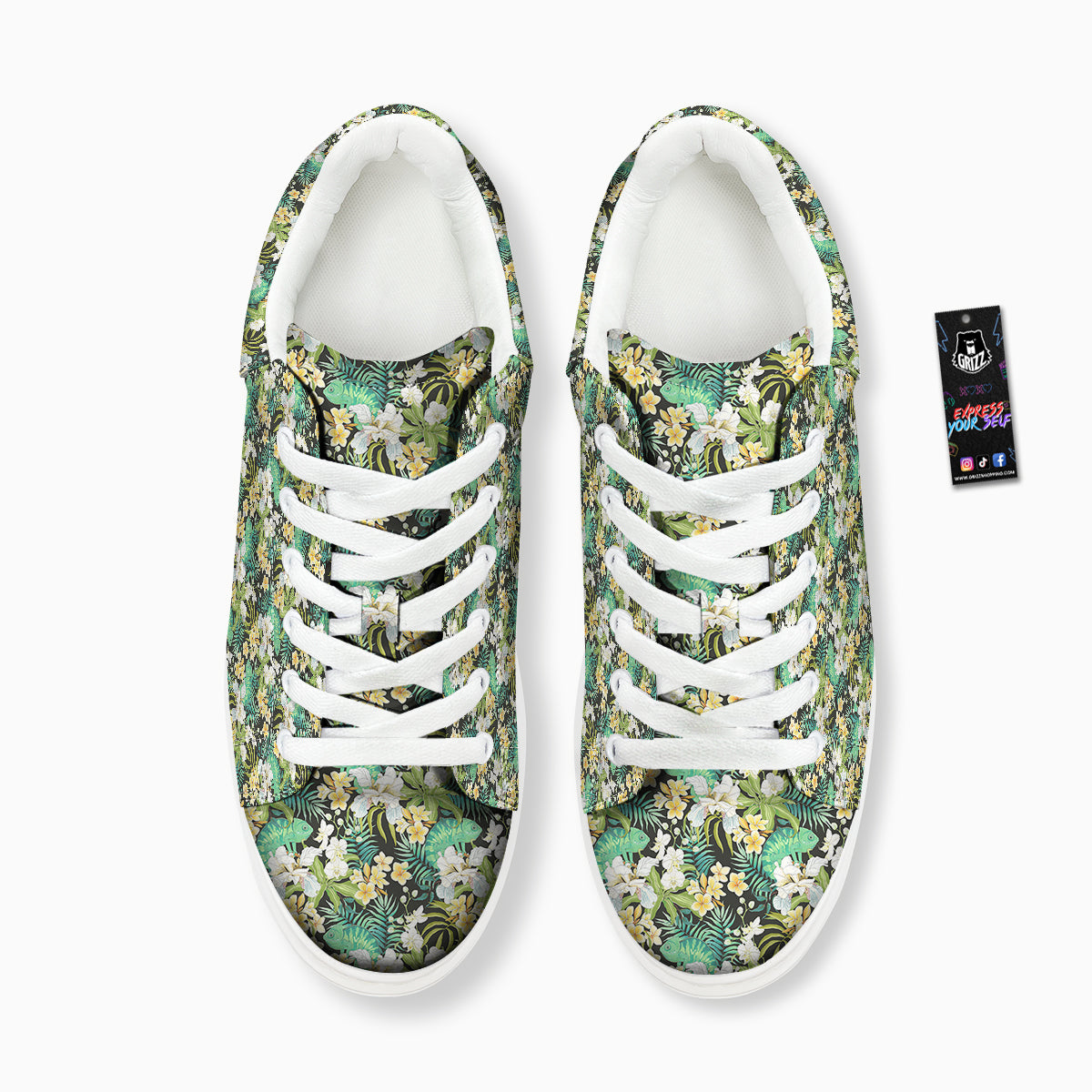 Green Chameleon And Flowers Plumeria Orchid Print Pattern Platform Shoes-grizzshop
