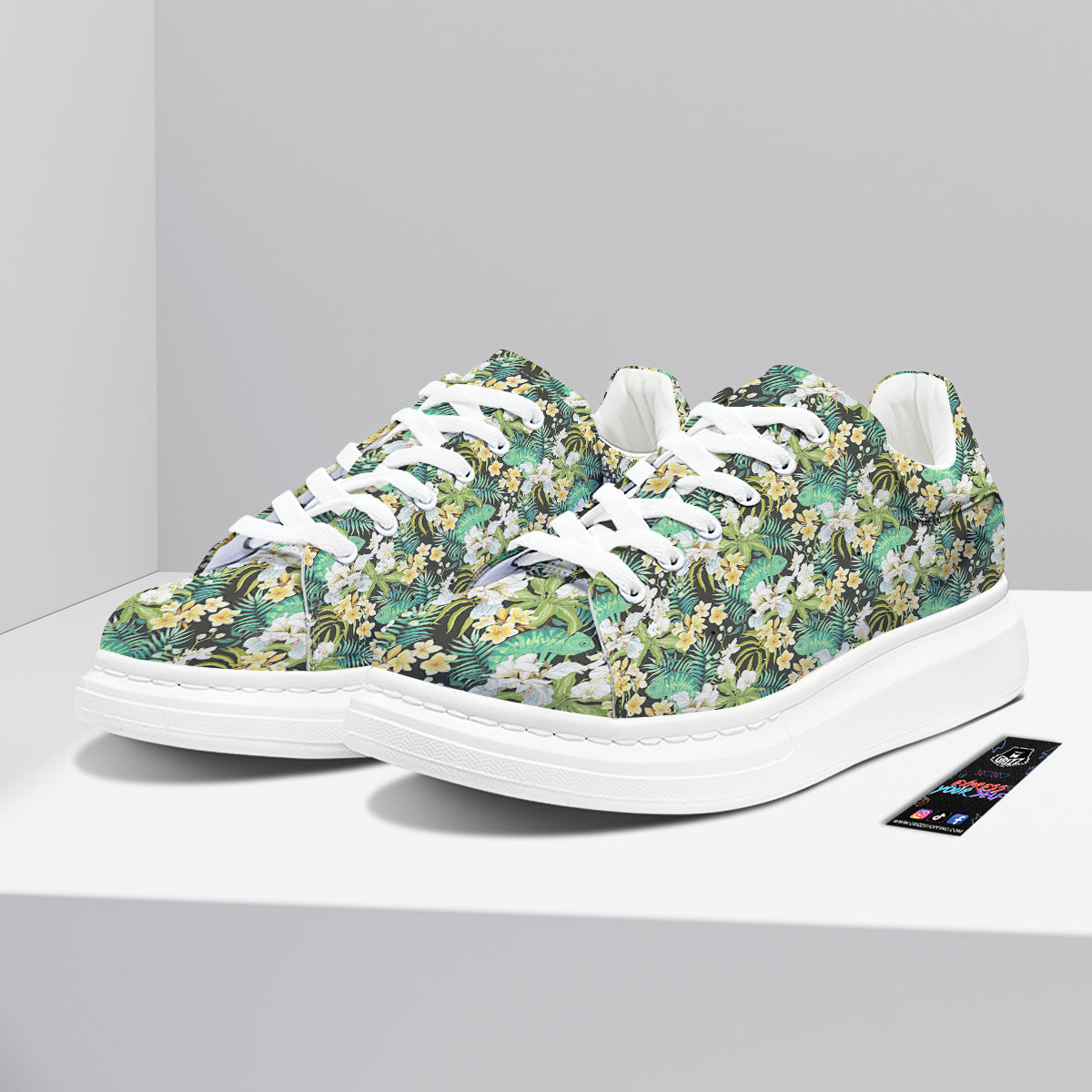 Green Chameleon And Flowers Plumeria Orchid Print Pattern Platform Shoes-grizzshop