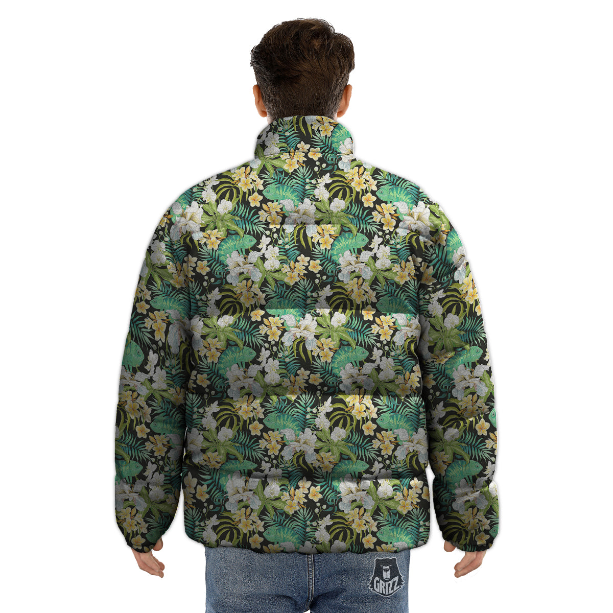 Green Chameleon And Flowers Plumeria Orchid Print Pattern Puffer Jacket-grizzshop
