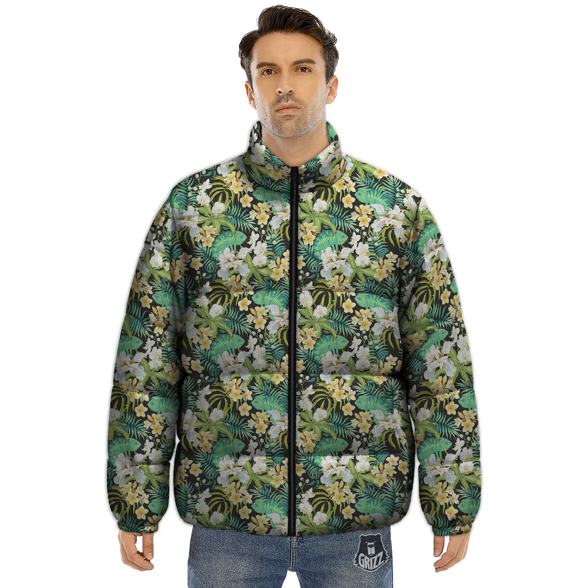 Green Chameleon And Flowers Plumeria Orchid Print Pattern Puffer Jacket-grizzshop