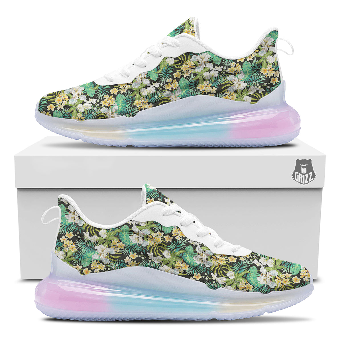 Green Chameleon And Flowers Plumeria Orchid Print Pattern Running Sneakers-grizzshop