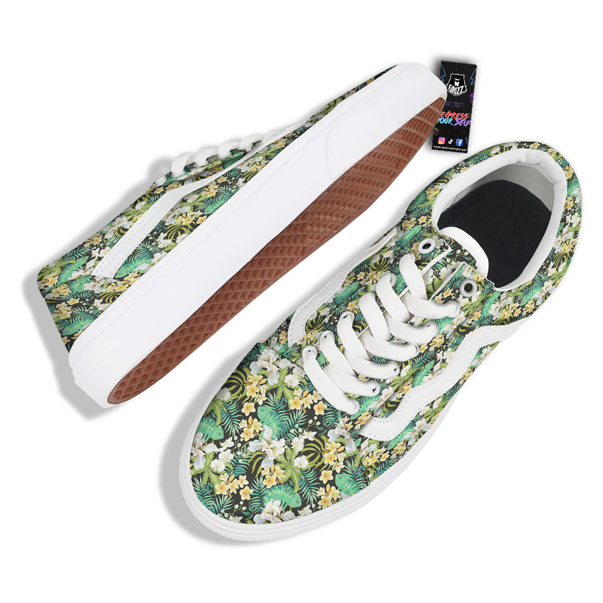 Green Chameleon And Flowers Plumeria Orchid Print Pattern Skate Shoes-grizzshop