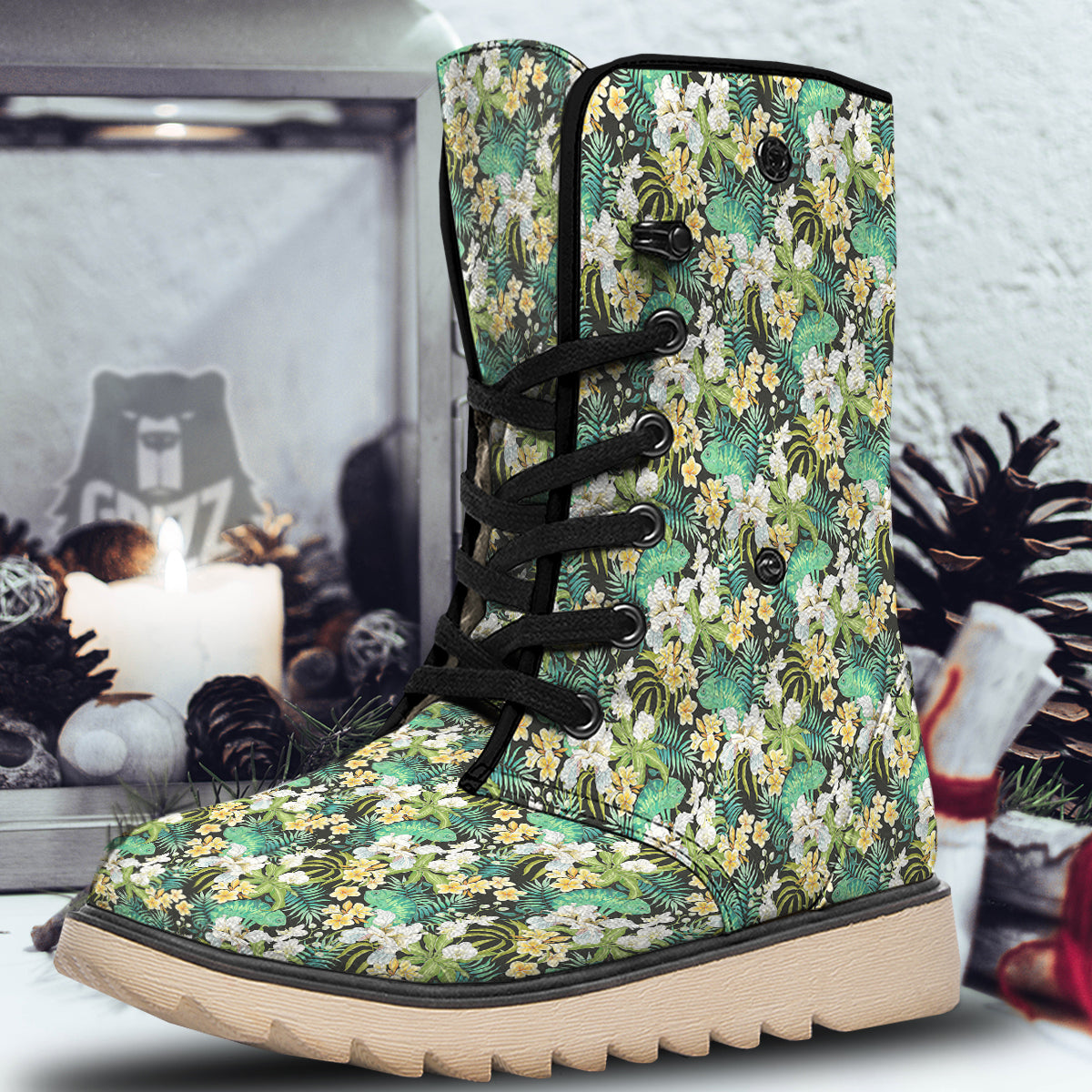 Green Chameleon And Flowers Plumeria Orchid Print Pattern Snow Boots-grizzshop