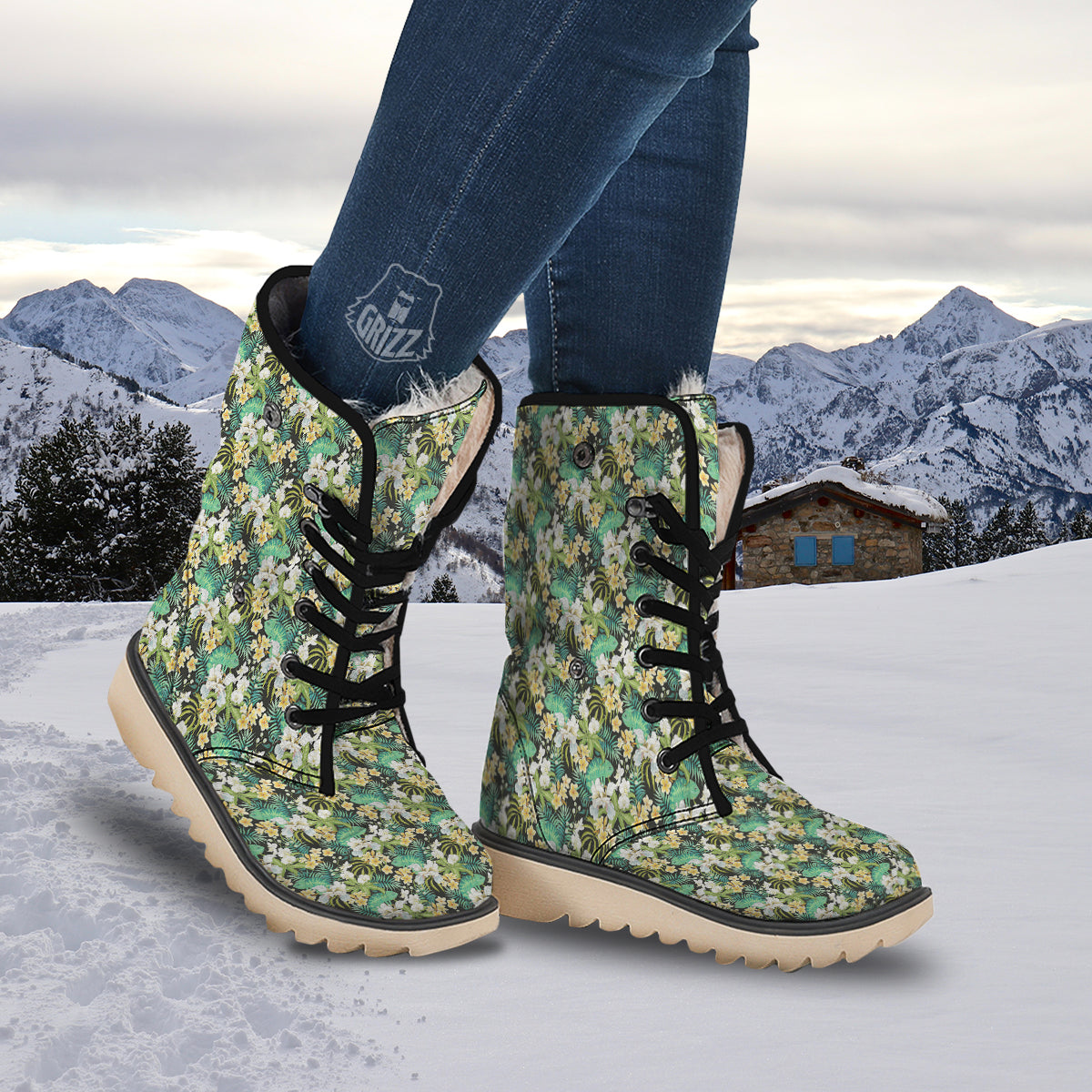 Green Chameleon And Flowers Plumeria Orchid Print Pattern Snow Boots-grizzshop
