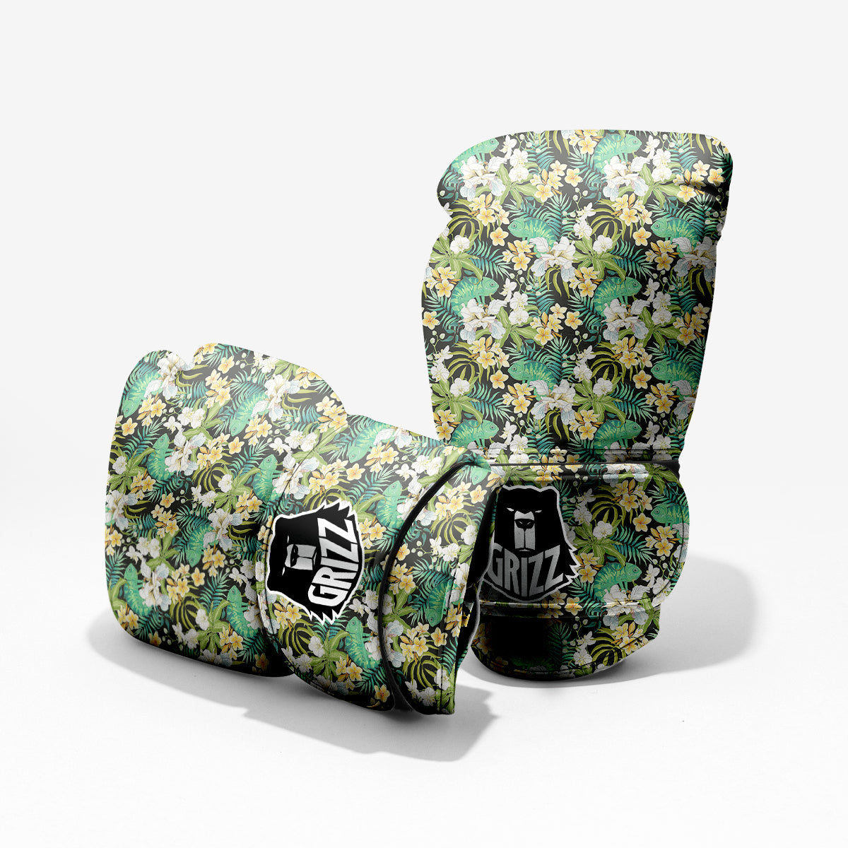 Green Chameleon And Flowers Plumeria Orchid Print Pattern Pro Boxing Glove