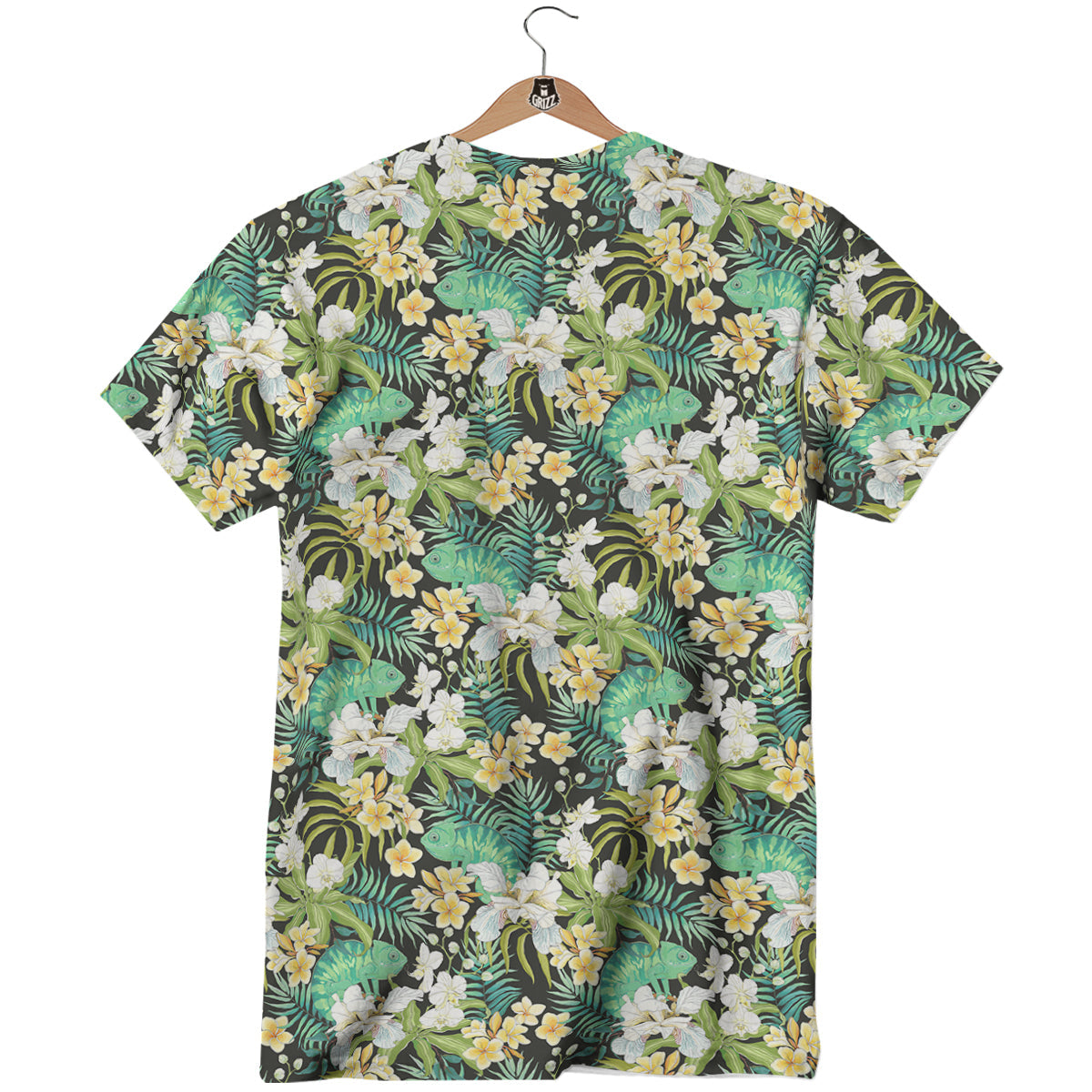 Green Chameleon And Flowers Plumeria Orchid Print Pattern T-Shirt-grizzshop
