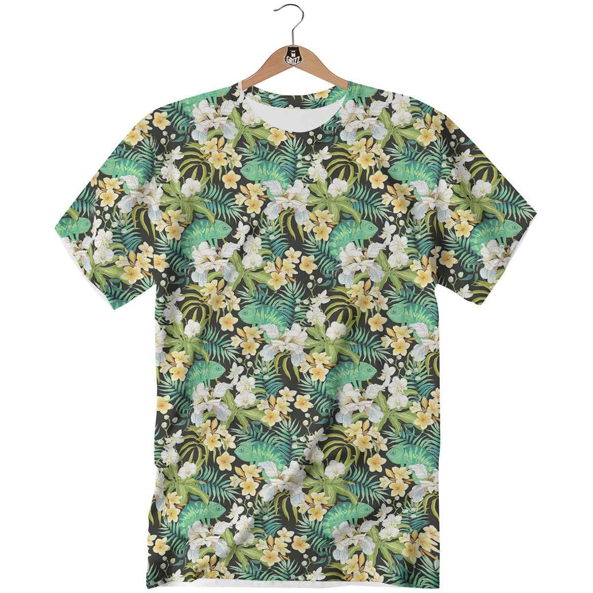 Green Chameleon And Flowers Plumeria Orchid Print Pattern T-Shirt-grizzshop
