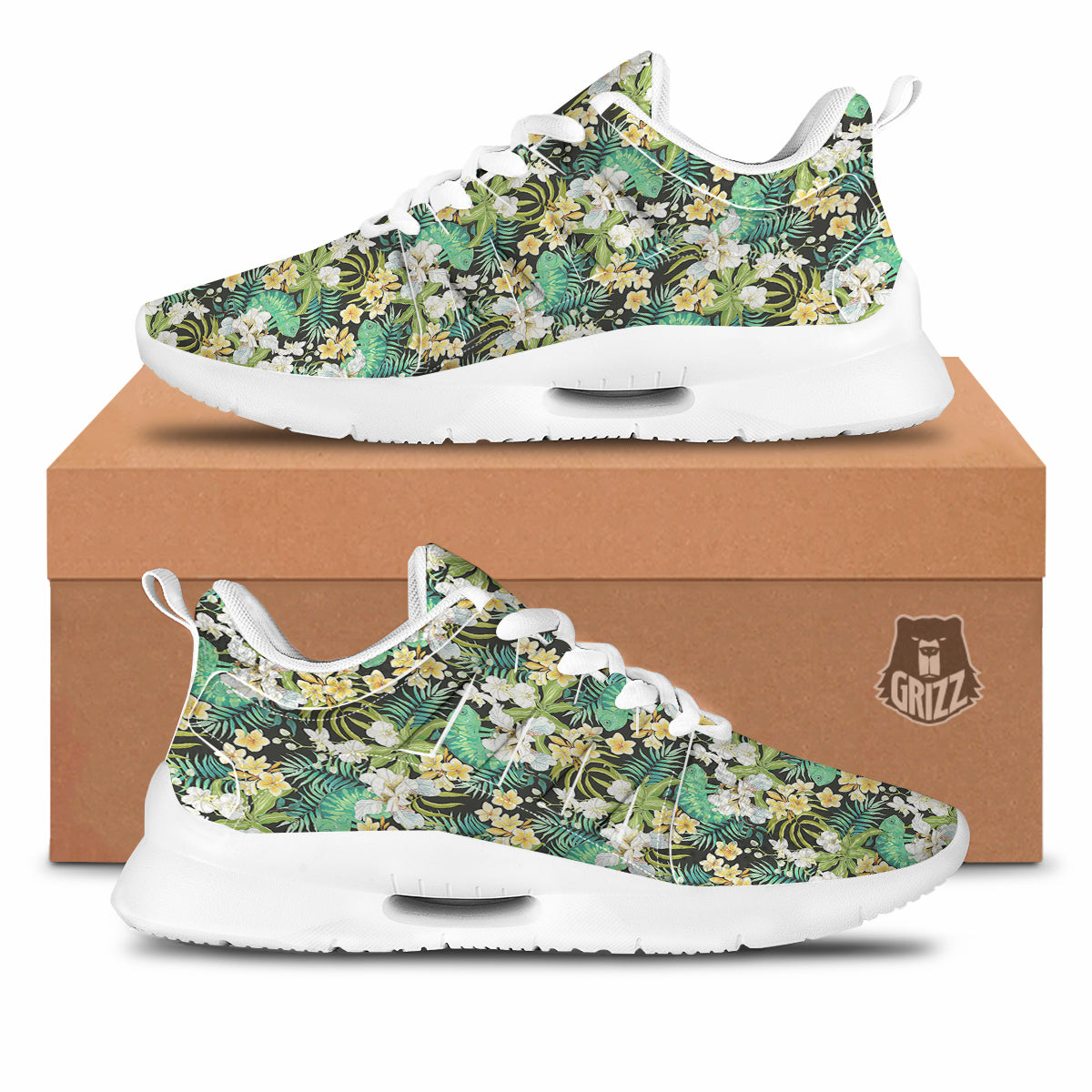 Green Chameleon And Flowers Plumeria Orchid Print Pattern Tennis Shoes-grizzshop