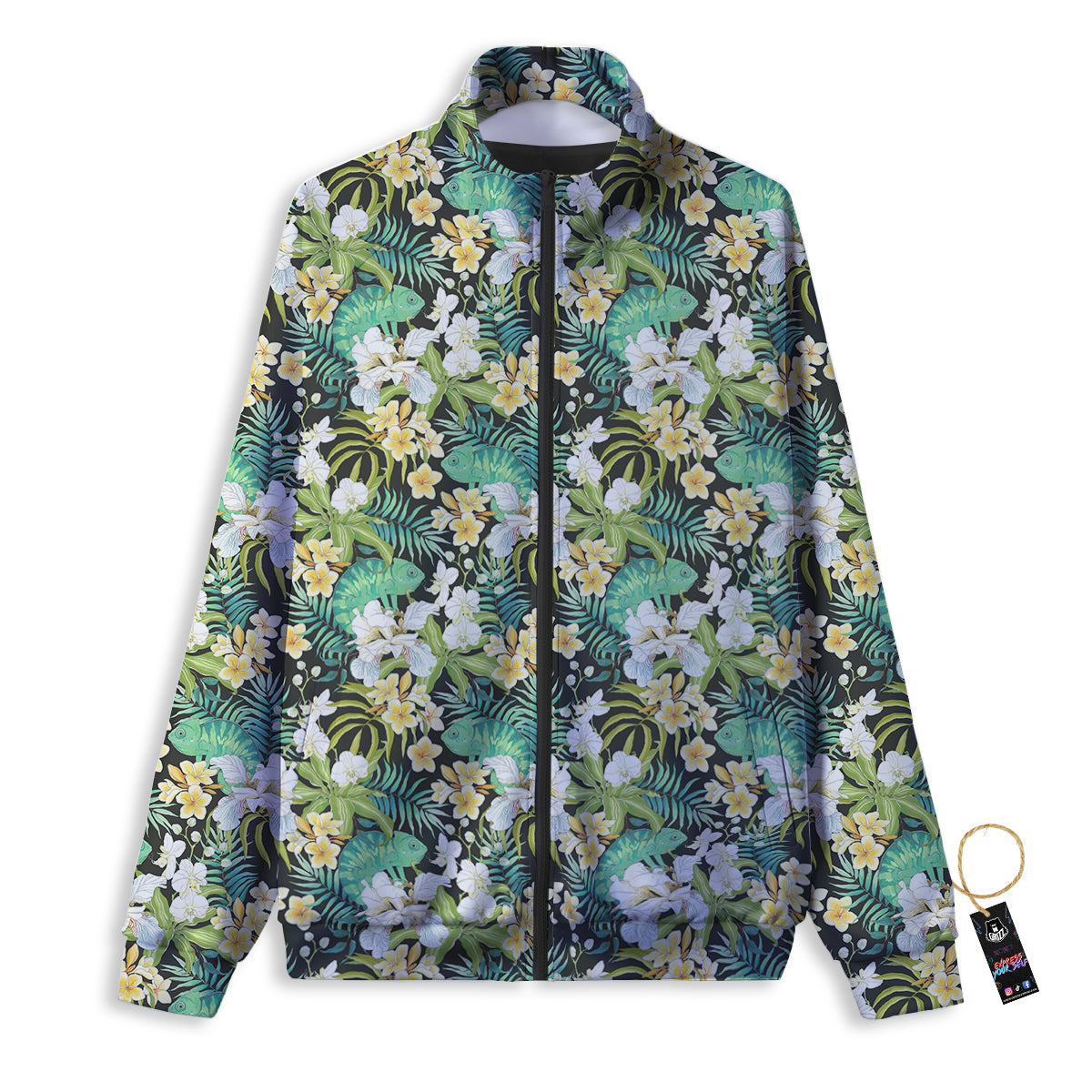 Green Chameleon And Flowers Plumeria Orchid Print Pattern Track Jacket-grizzshop