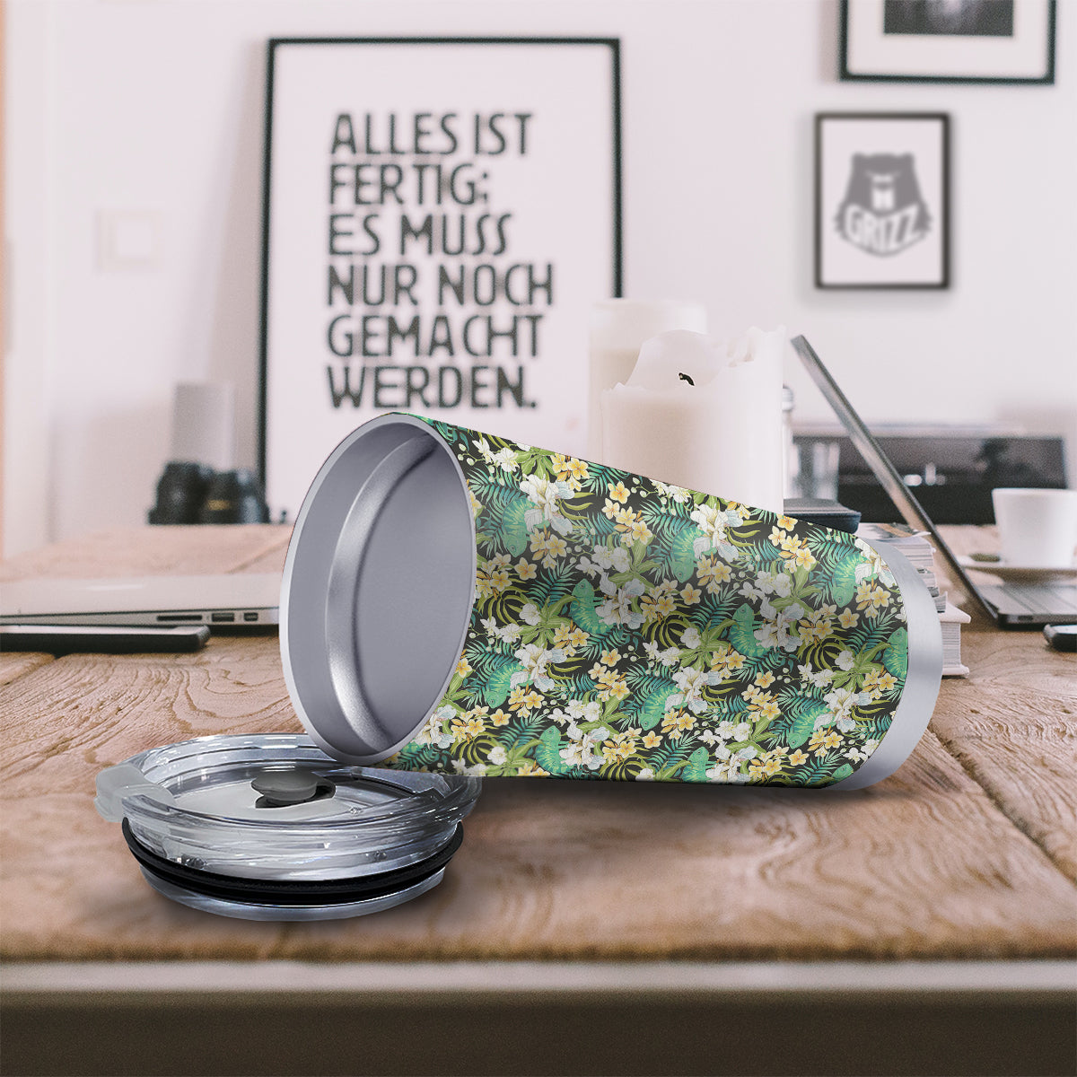 Green Chameleon And Flowers Plumeria Orchid Print Pattern Tumbler-grizzshop
