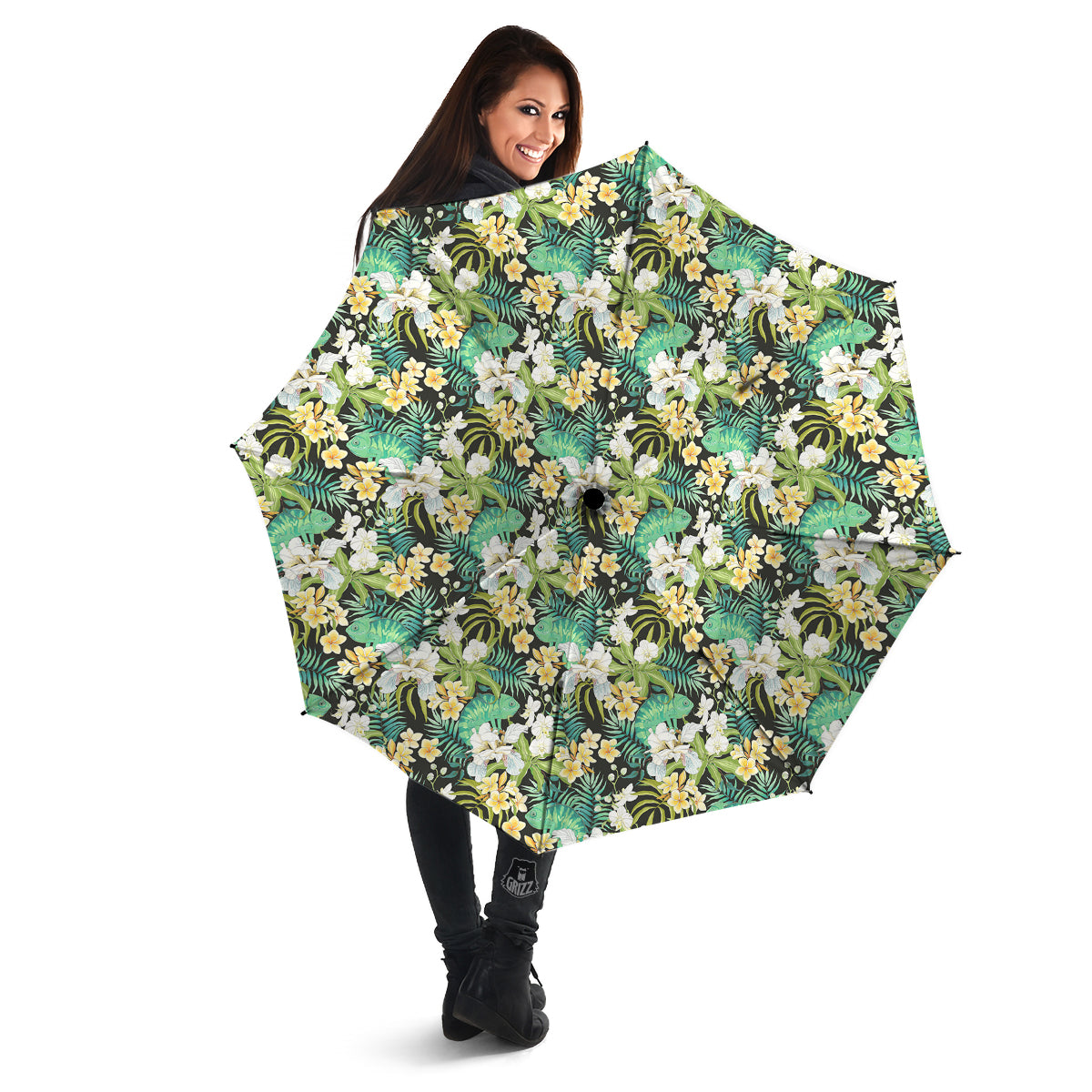 Green Chameleon And Flowers Plumeria Orchid Print Pattern Umbrella-grizzshop