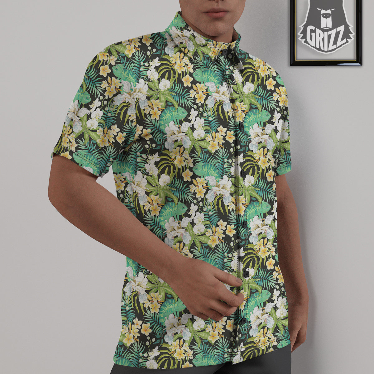 Green Chameleon And Flowers Plumeria Orchid Print Pattern Untucked Shirts-grizzshop