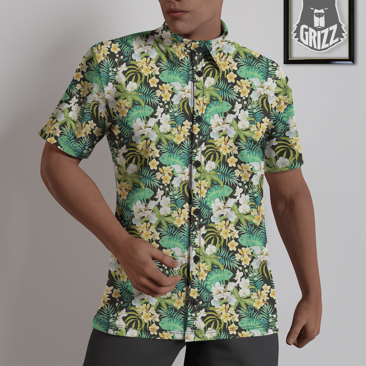 Green Chameleon And Flowers Plumeria Orchid Print Pattern Untucked Shirts-grizzshop