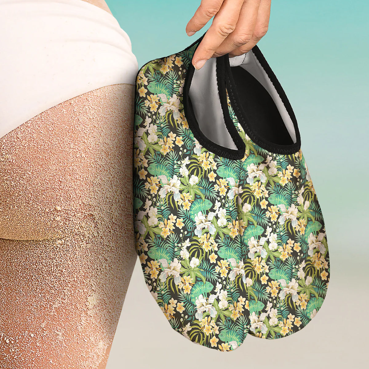 Green Chameleon And Flowers Plumeria Orchid Print Pattern Water Shoes-grizzshop