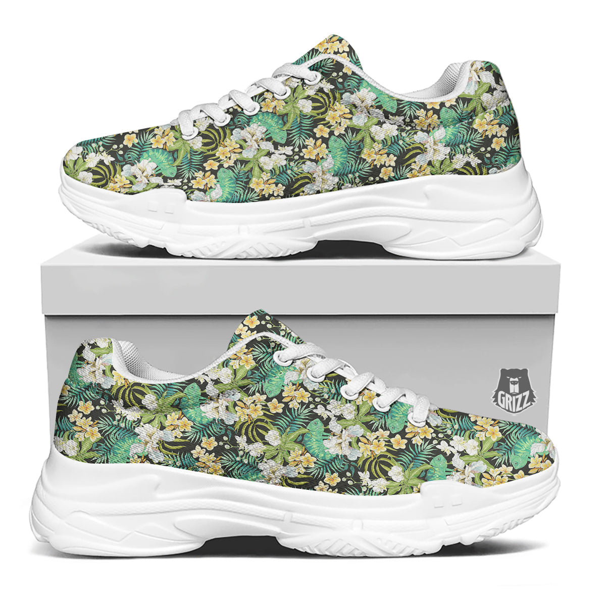 Green Chameleon And Flowers Plumeria Orchid Print Pattern White Chunky Shoes-grizzshop
