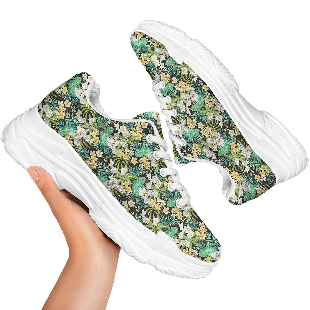 Green Chameleon And Flowers Plumeria Orchid Print Pattern White Chunky Shoes-grizzshop