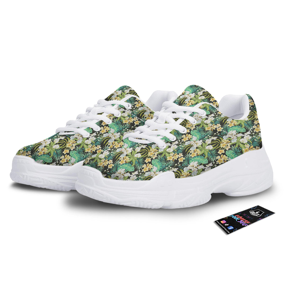 Green Chameleon And Flowers Plumeria Orchid Print Pattern White Chunky Shoes-grizzshop