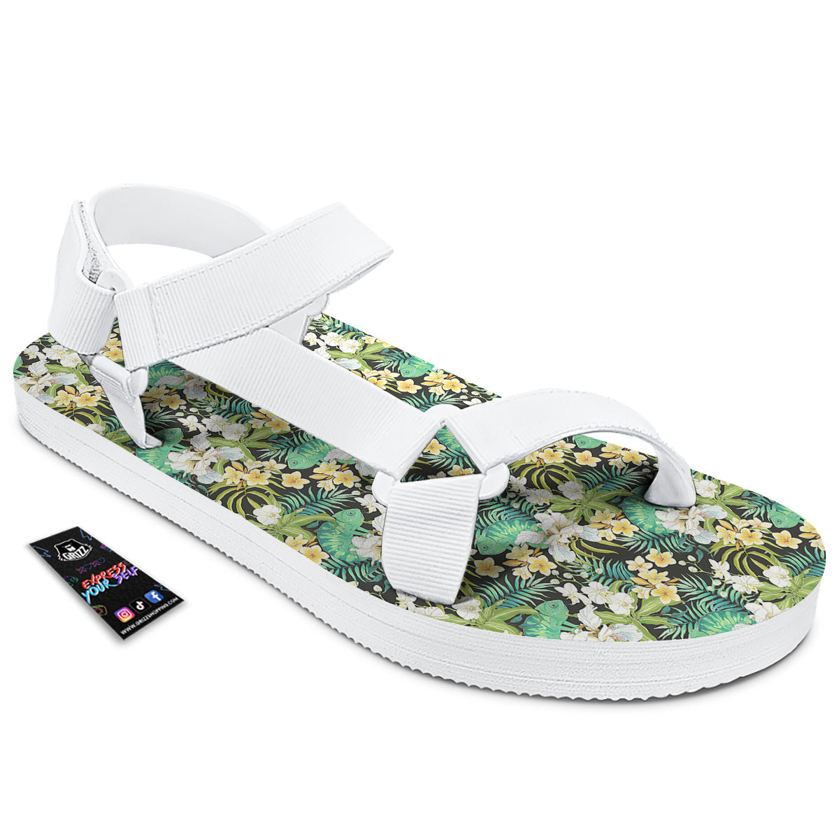 Green Chameleon And Flowers Plumeria Orchid Print Pattern White Open Toe Sandals-grizzshop