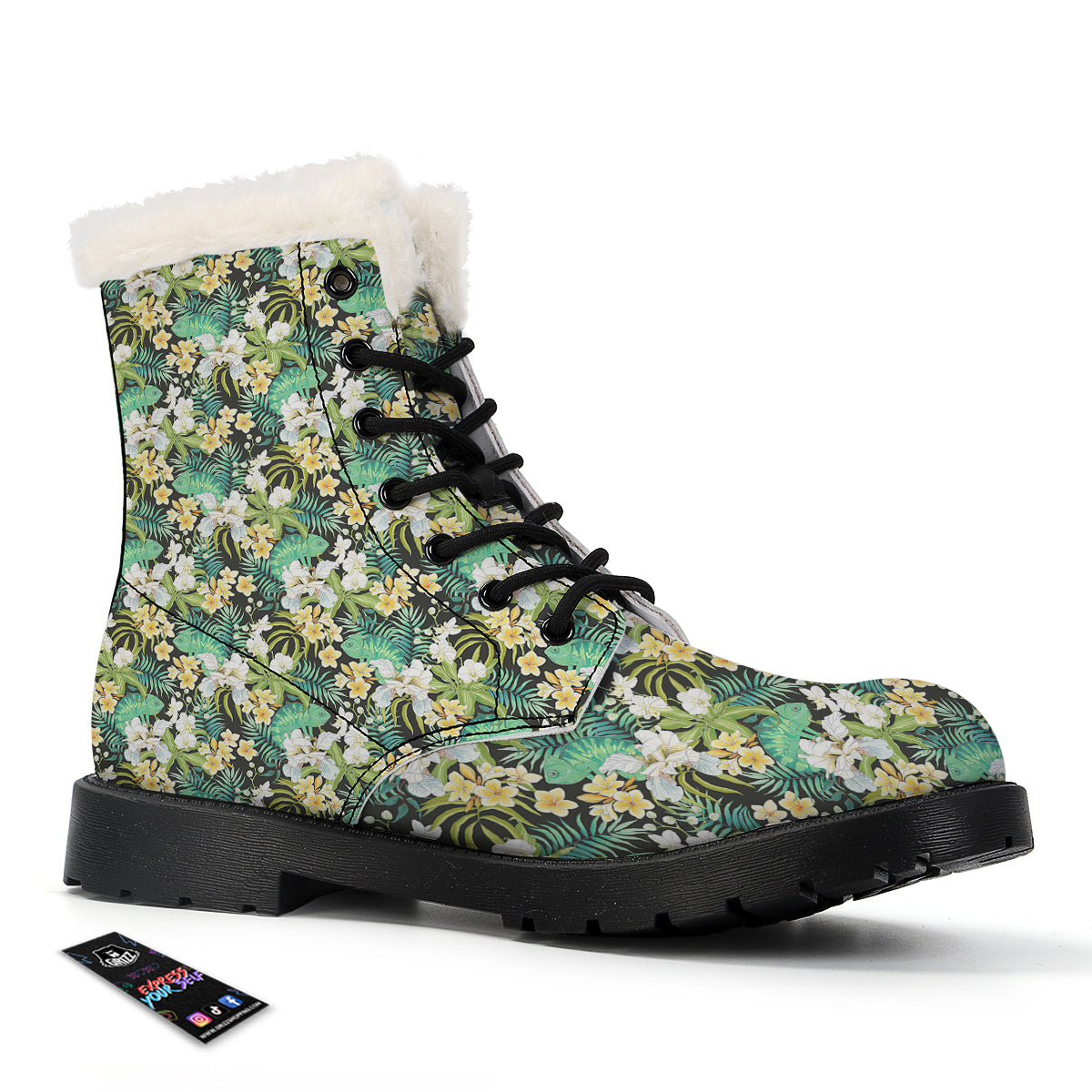 Green Chameleon And Flowers Plumeria Orchid Print Pattern Winter Boots-grizzshop