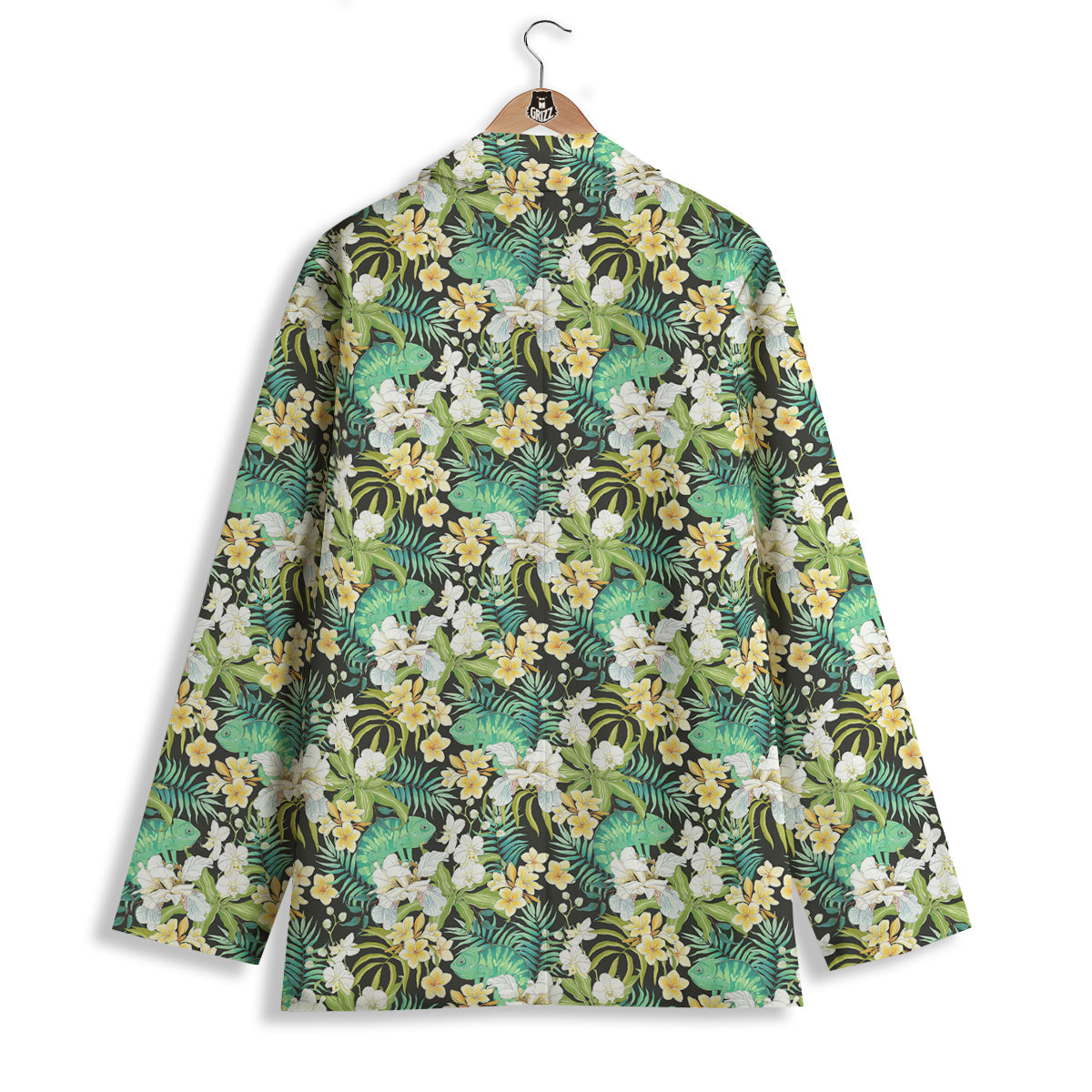 Green Chameleon And Flowers Plumeria Orchid Print Pattern Women's Blazer-grizzshop