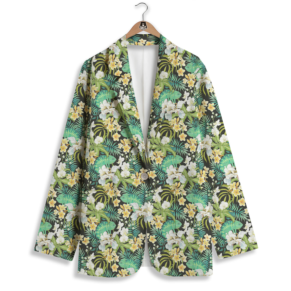Green Chameleon And Flowers Plumeria Orchid Print Pattern Women's Blazer-grizzshop