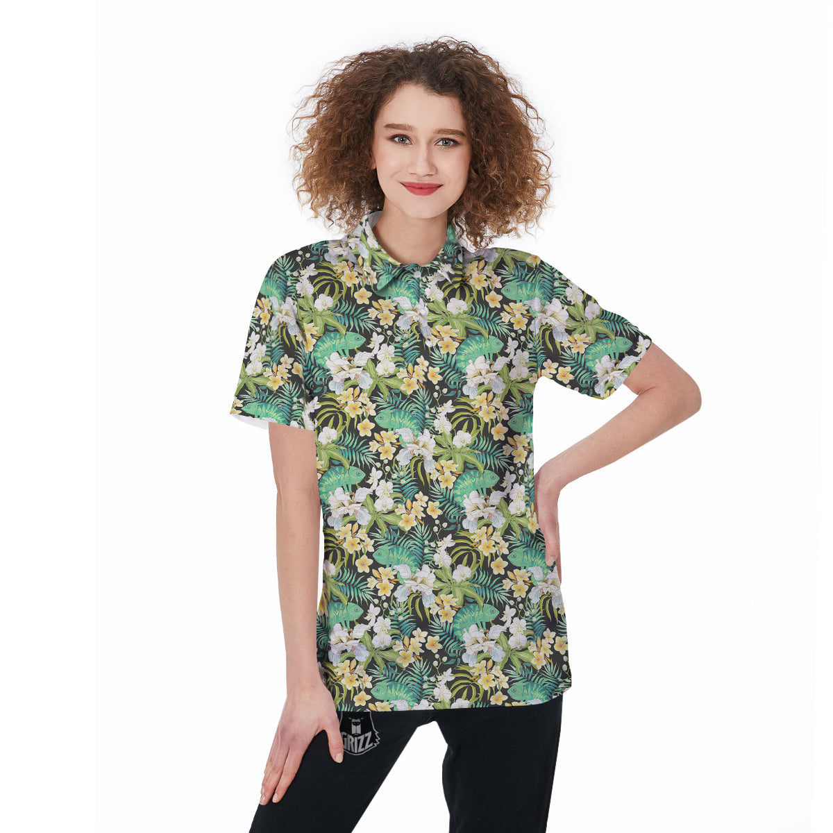 Green Chameleon And Flowers Plumeria Orchid Print Pattern Women's Golf Shirts-grizzshop