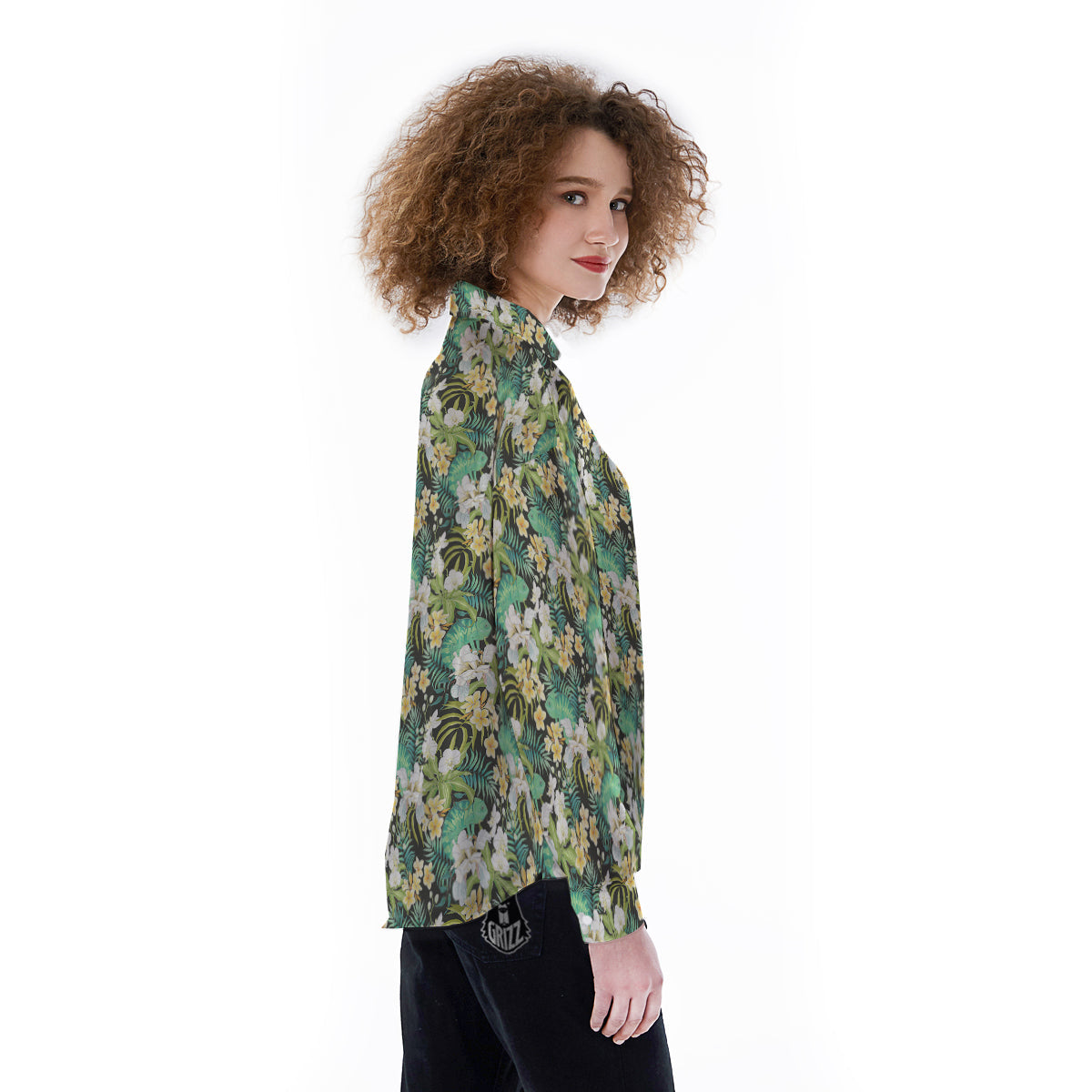 Green Chameleon And Flowers Plumeria Orchid Print Pattern Women's Long Sleeve Shirts-grizzshop