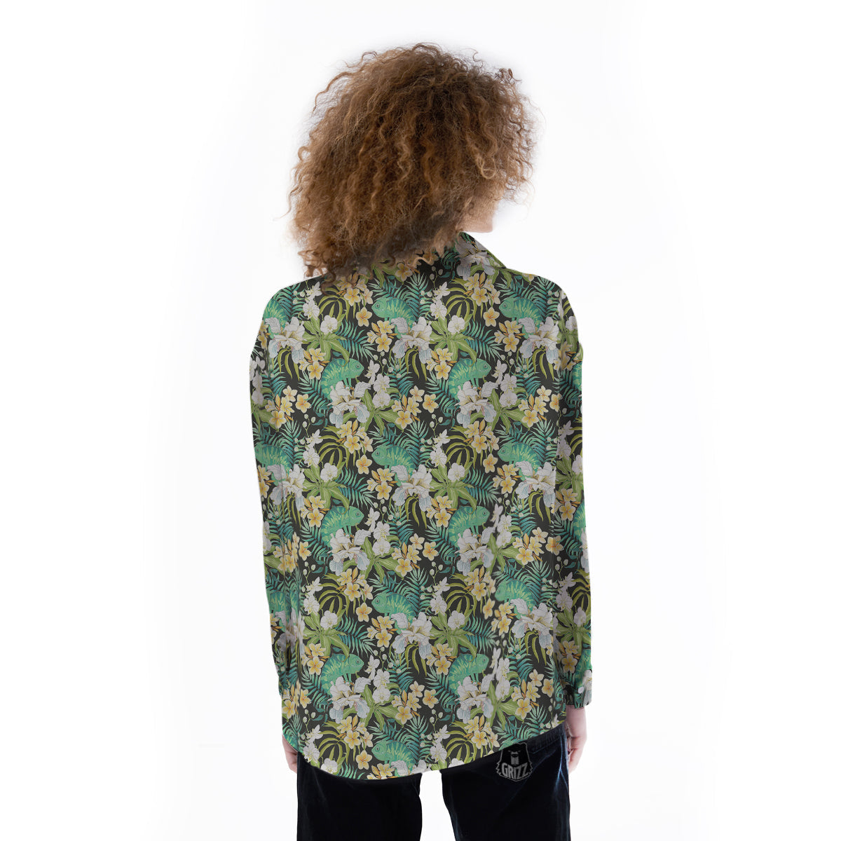 Green Chameleon And Flowers Plumeria Orchid Print Pattern Women's Long Sleeve Shirts-grizzshop