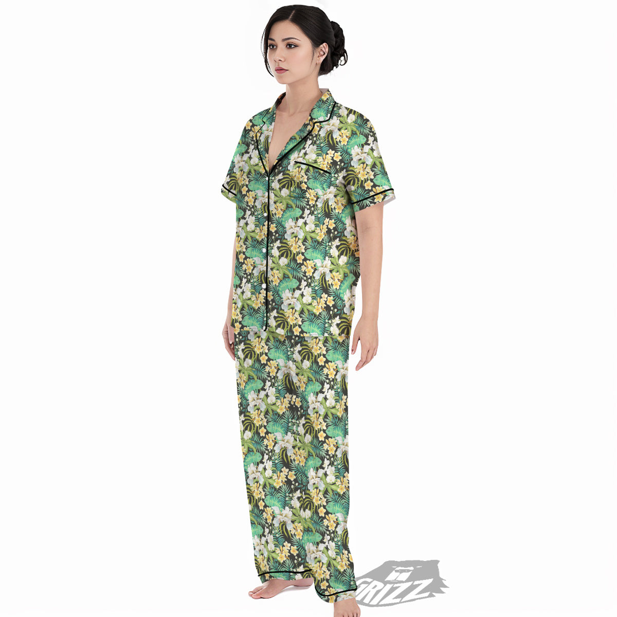 Green Chameleon And Flowers Plumeria Orchid Print Pattern Women's Pajamas Set-grizzshop